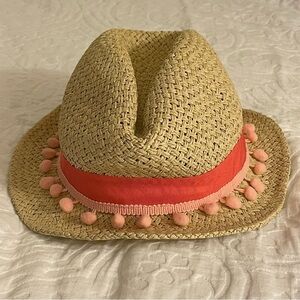 Quagga Straw Fedora Hat with Orange Stripe And Pom Poms NWT
